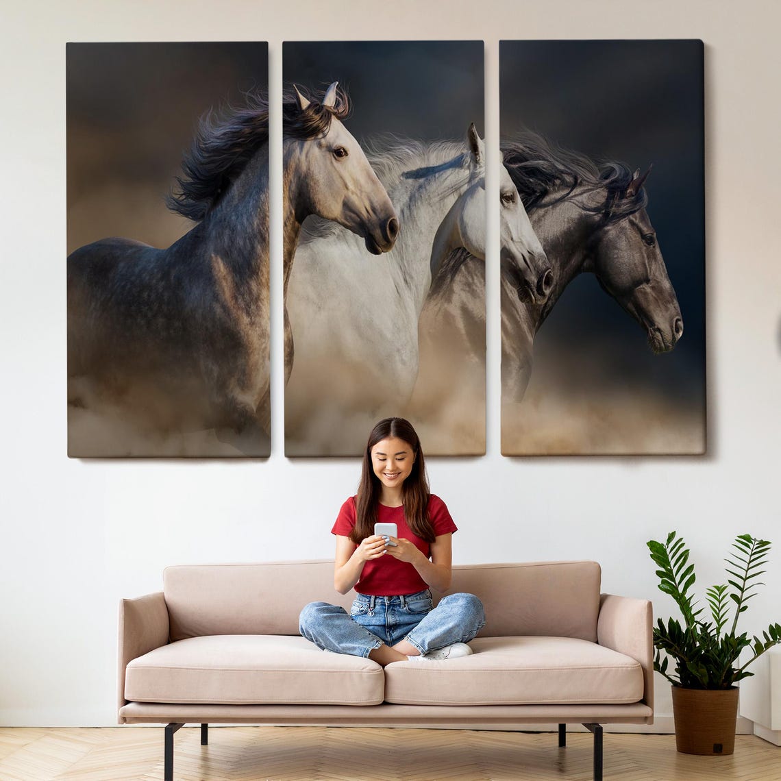 Three Galloping Horses Dusty Wild Stallions Dramatic Equine Wall Art - Image 2