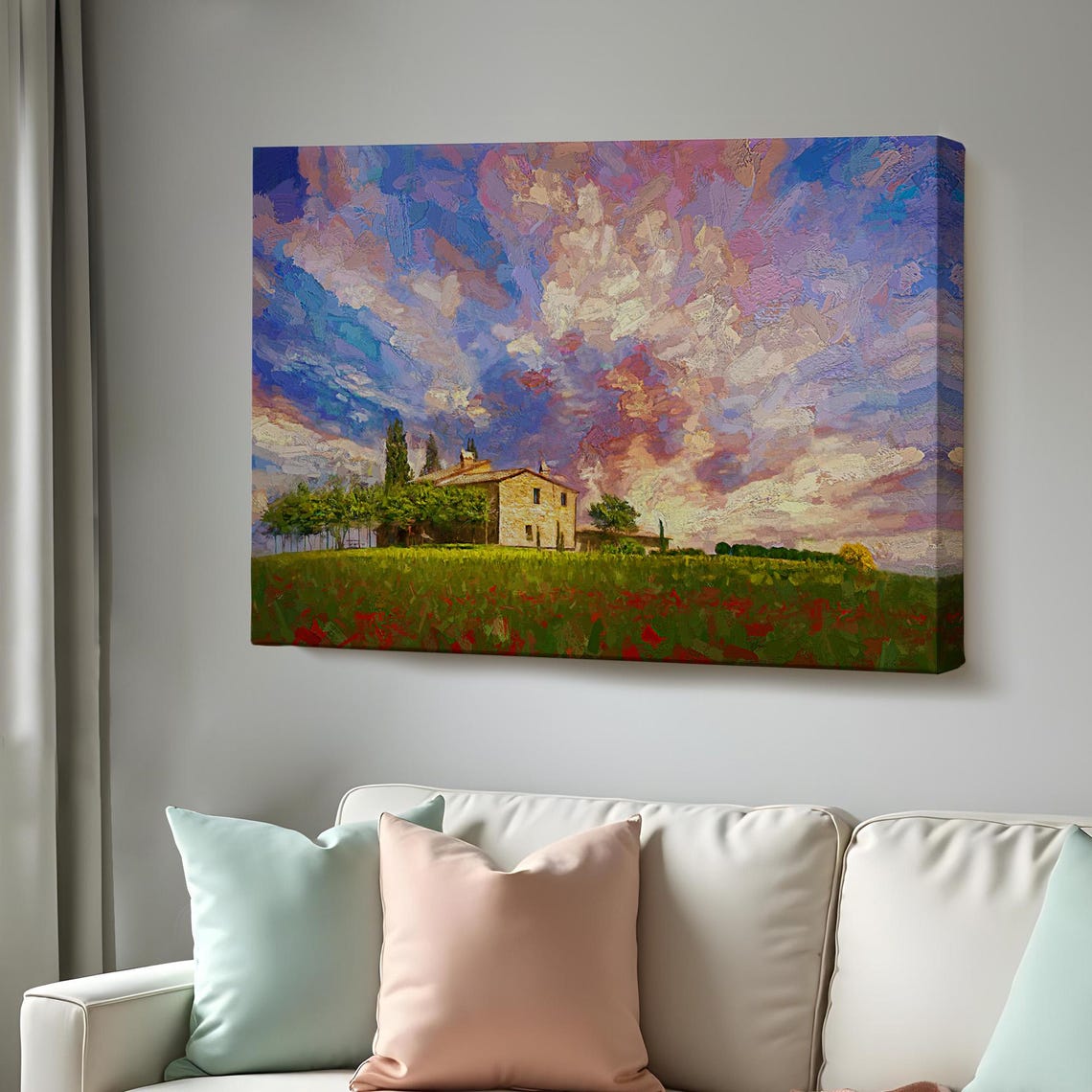 Tuscany Villa Red Poppy Field Cypress Sunset Sky Oil Painting Poster