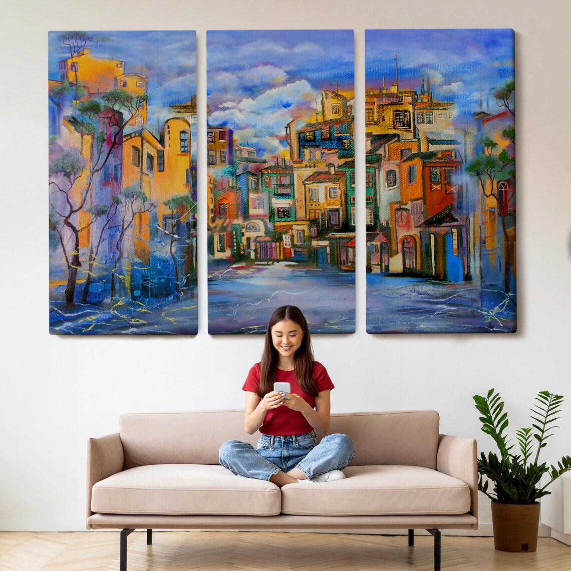 Colorful Old Town Street Crooked Houses Impressionist City Poster - Image 2