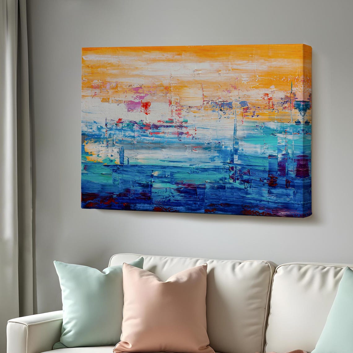 Abstract Orange Blue Seascape Oil Painting Textured Modern Art Poster