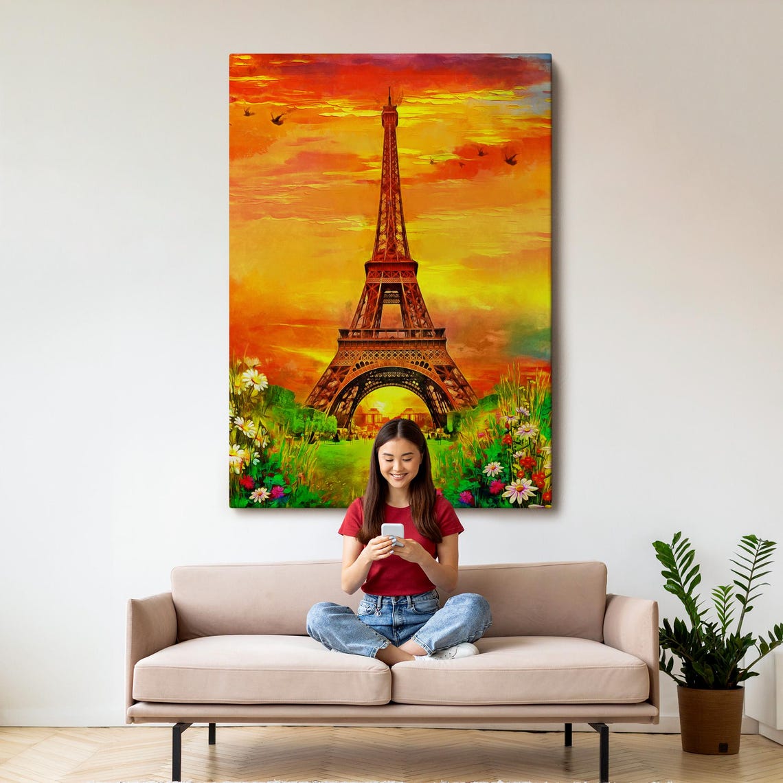 Eiffel Tower Sunset Fiery Orange Sky Flowers Paris Travel Poster - Image 3