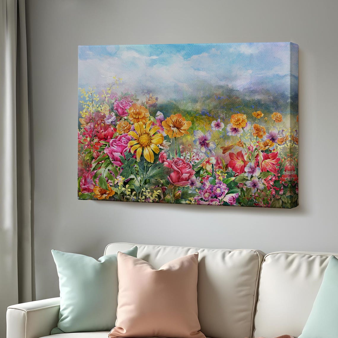 Colorful Wildflower Meadow Roses Sunflowers Watercolor Painting Poster