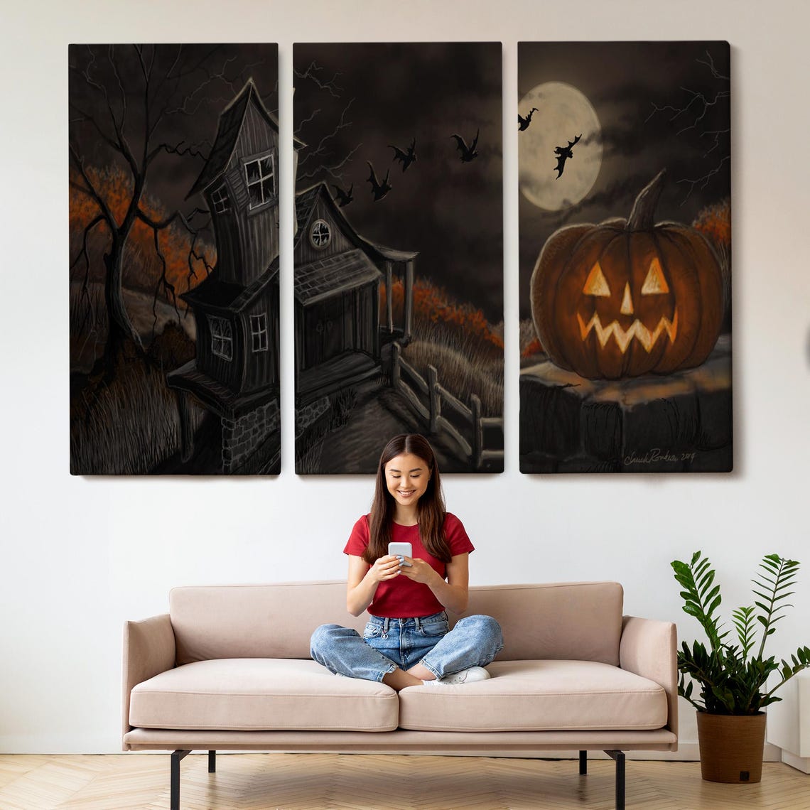 Haunted House Night Jack O Lantern Full Moon Halloween Art Poster - Image 2