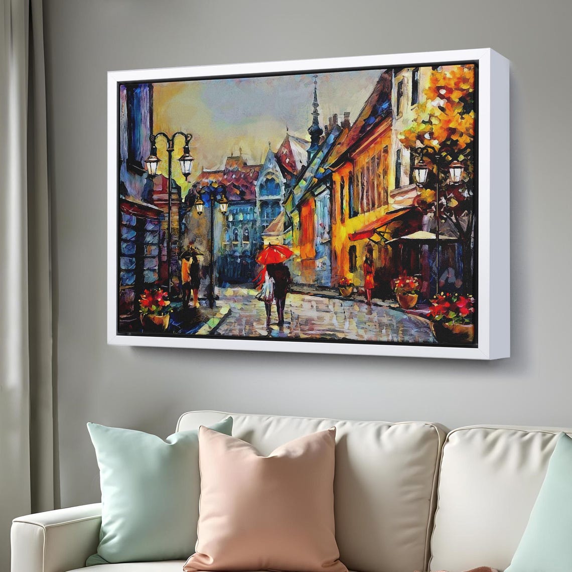 Old European Town Street Rainy Day Red Umbrella Oil Painting Poster - Image 3