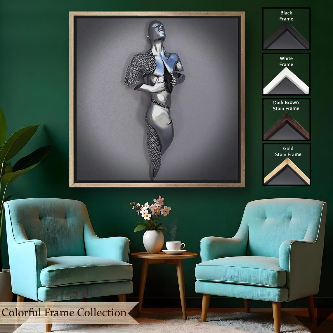 Chrome Silver Human Figure 3D Metallic Modern Sculpture Art Poster - Image 2