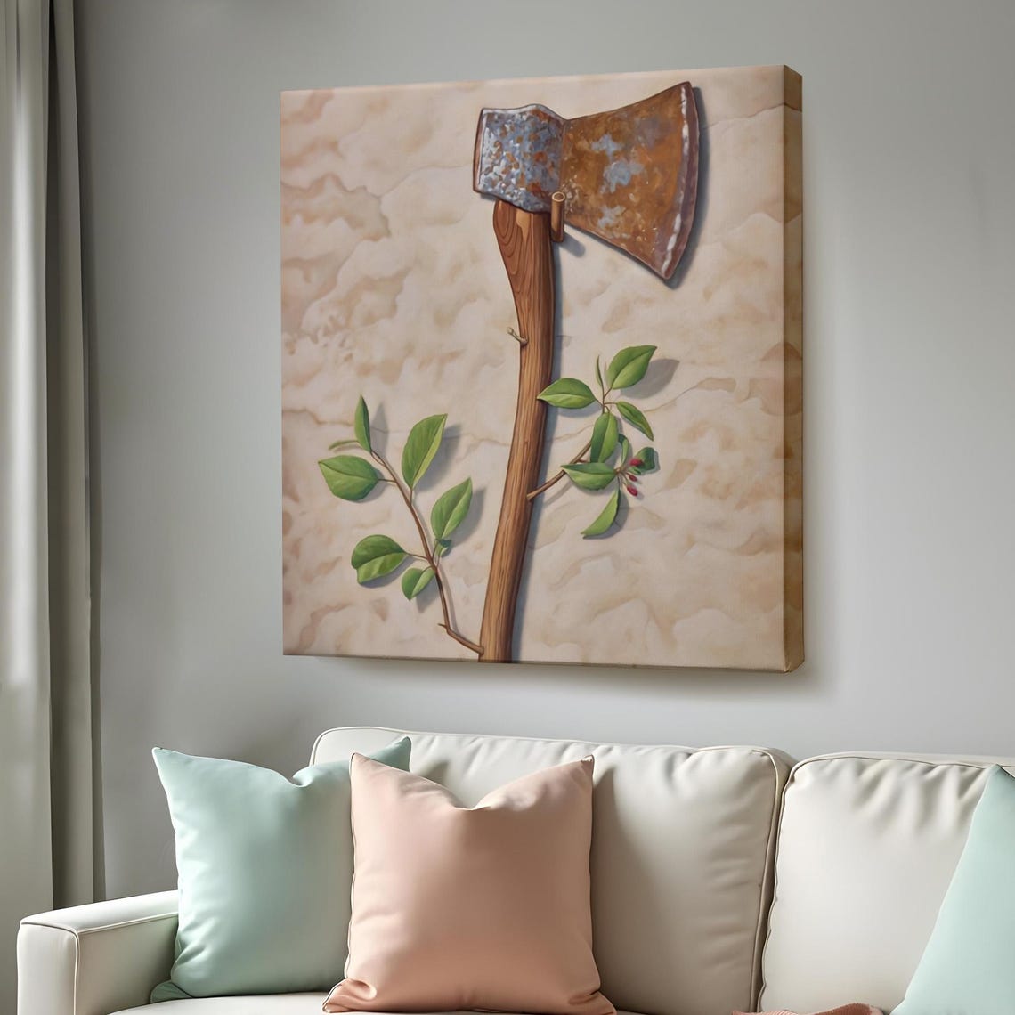 Rustic Axe with Sprouting Green Branch Renewal Surreal Art Poster