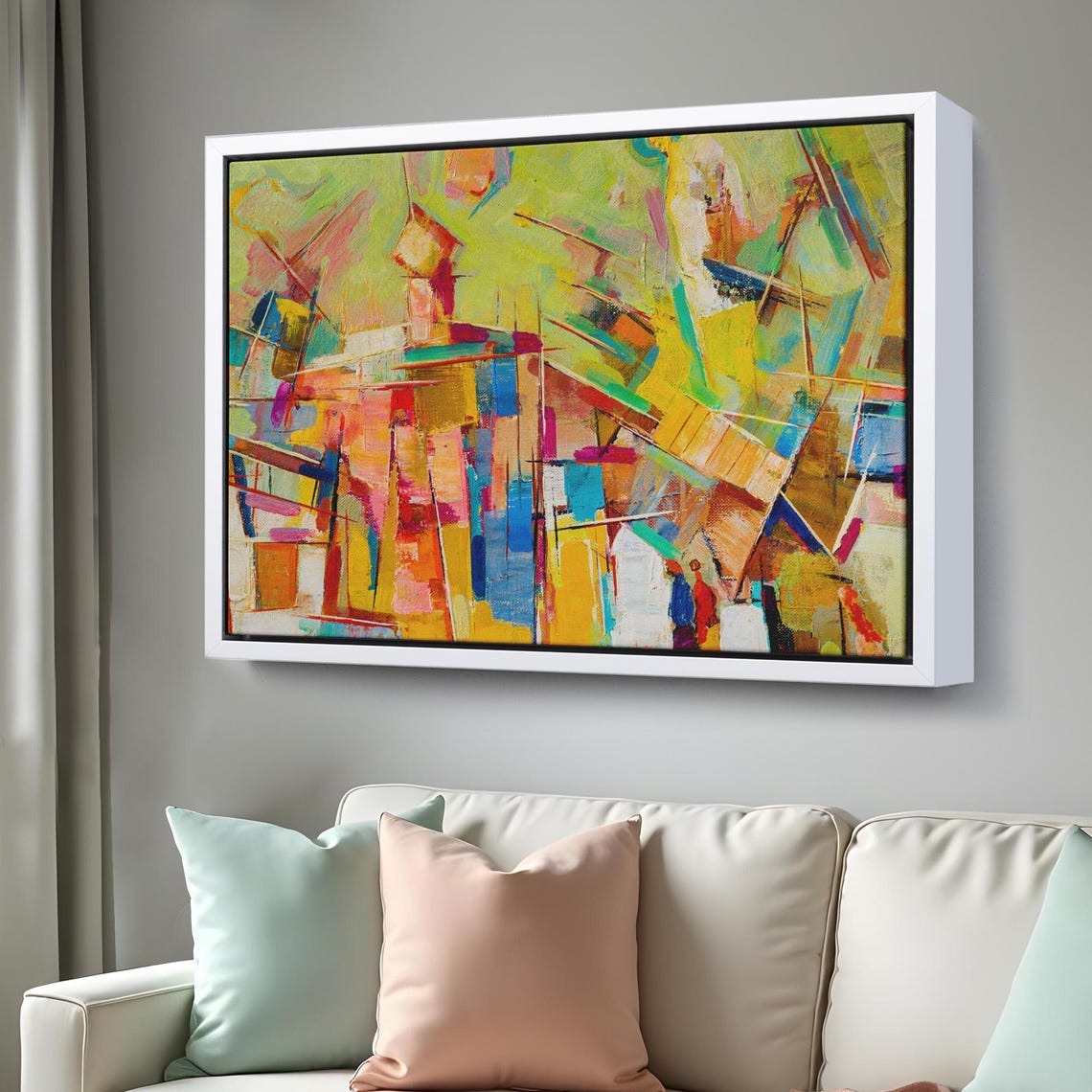 Vibrant Colorful Abstract Cubist City Skyline Yellow Orange Art Poster - Image 3