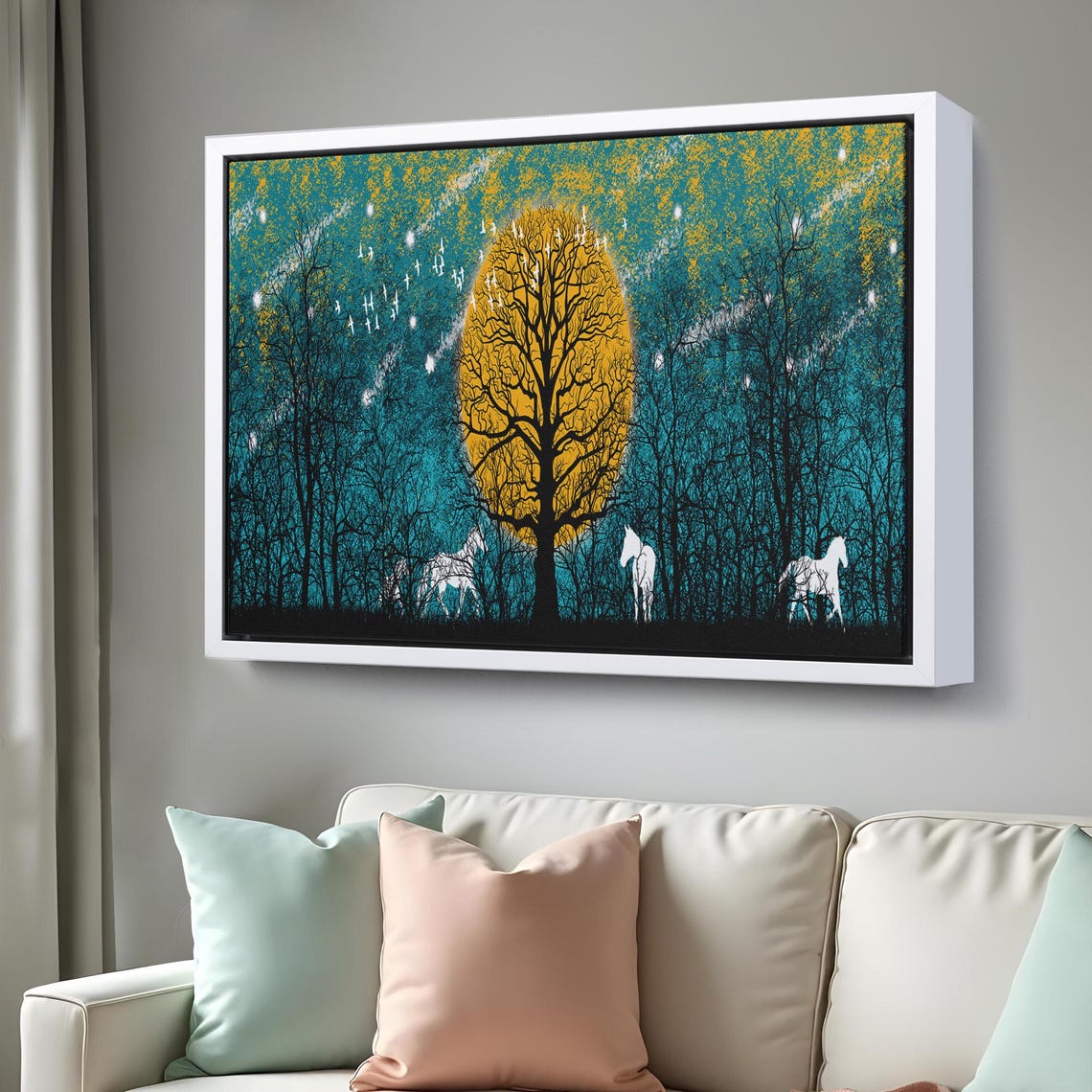 White Horses in Moonlit Forest Golden Full Moon Night Trees Art Poster - Image 3