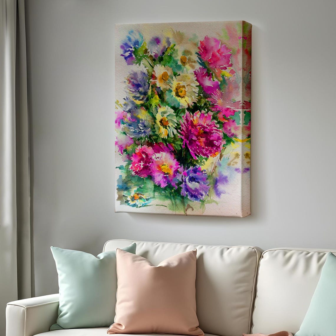 Colorful Wildflowers Watercolor Bouquet Bloom Floral Painting Wall Art
