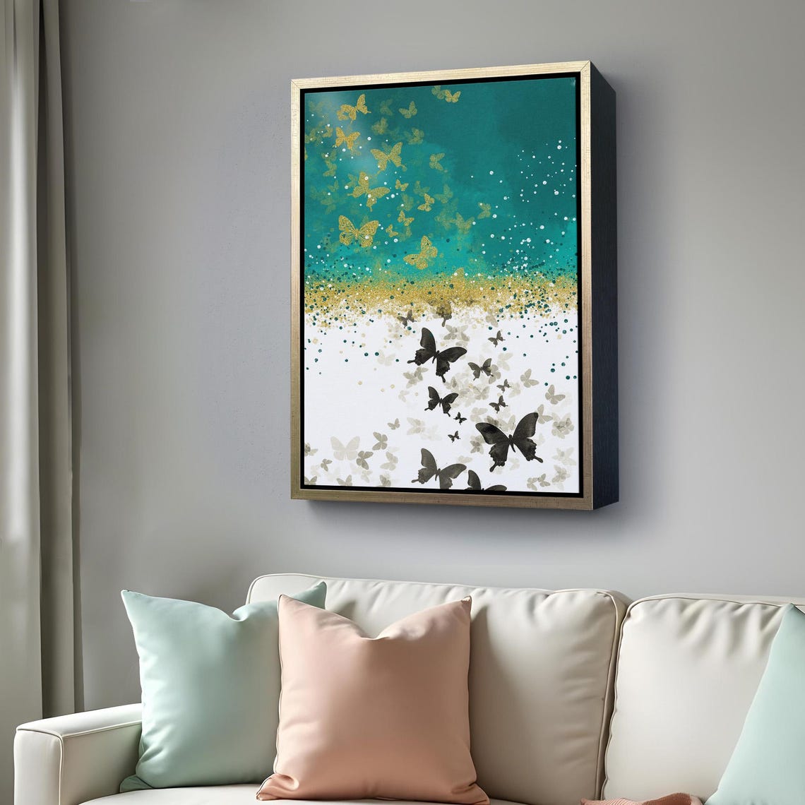 Gold Black Butterflies on Teal Elegant Modern Abstract Canvas Wall Art - Image 4