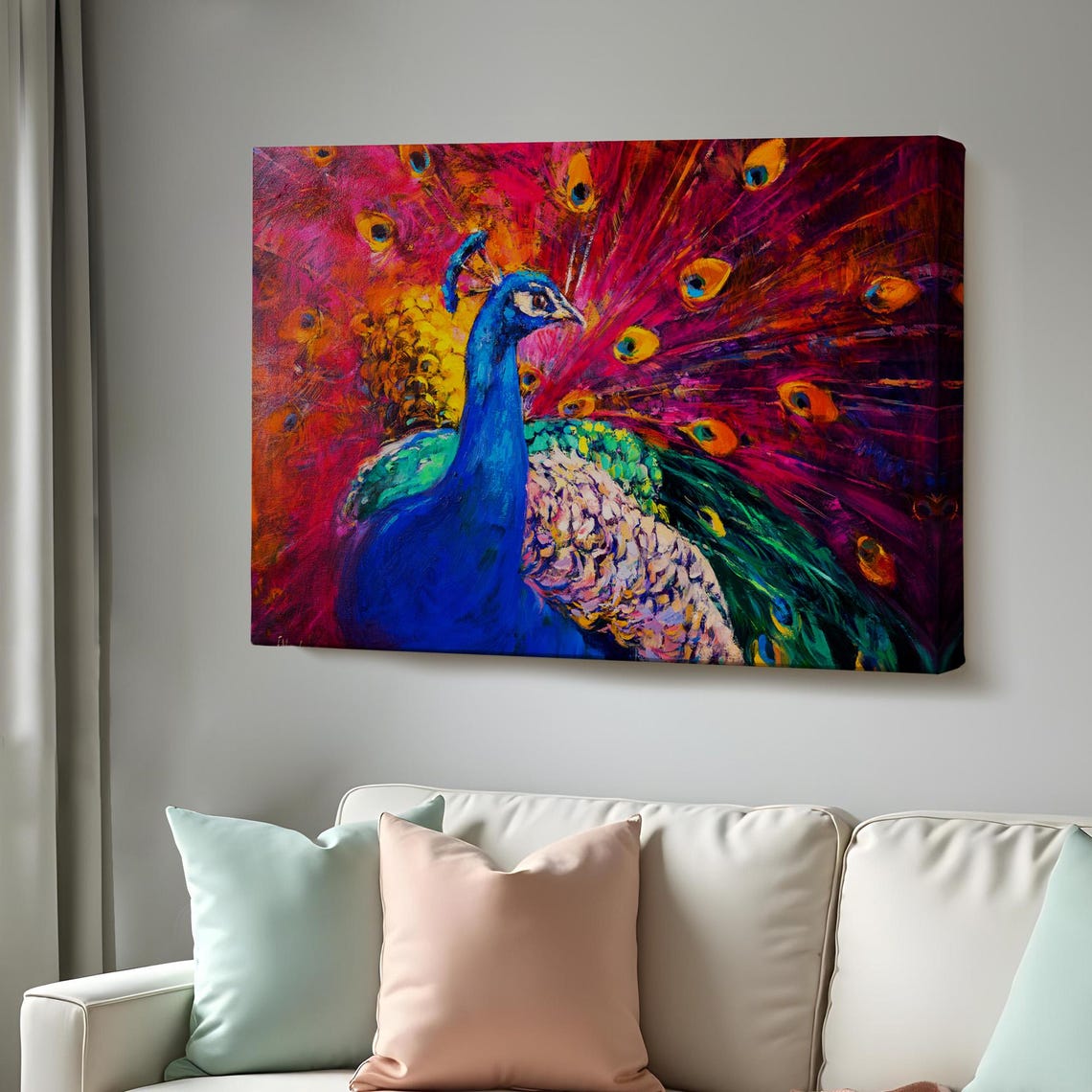 Colorful Peacock With Fanned Tail Vivid Oil Painting Bird Wall Art