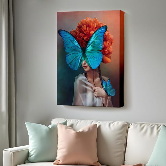 Blue Butterfly Woman Oil Painting Look Decorative Wall Print Housewarming Gift Surreal Wall Art Framed Wall Art