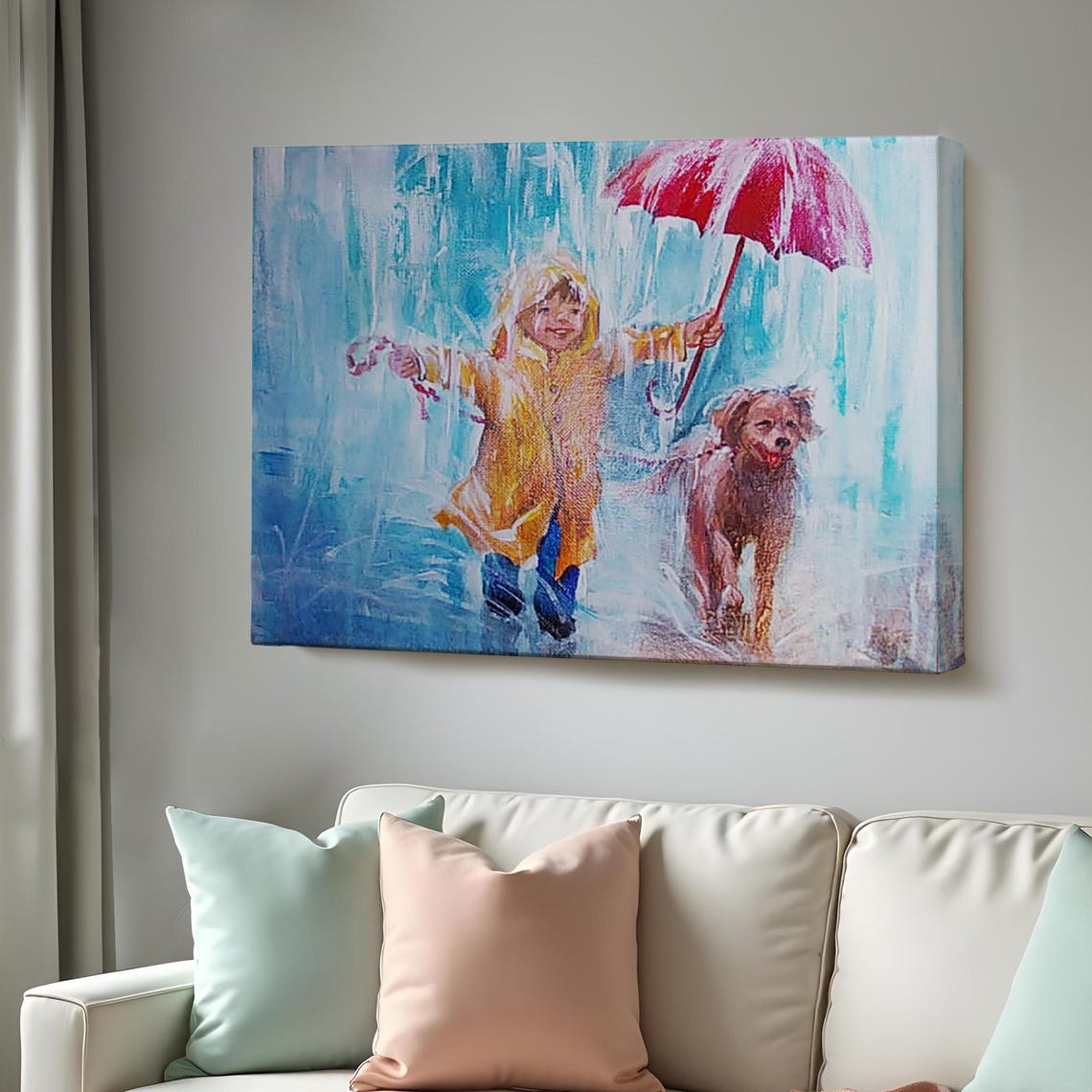 Boy Walking Dog In Rain Red Umbrella Raincoat Cute Art Poster
