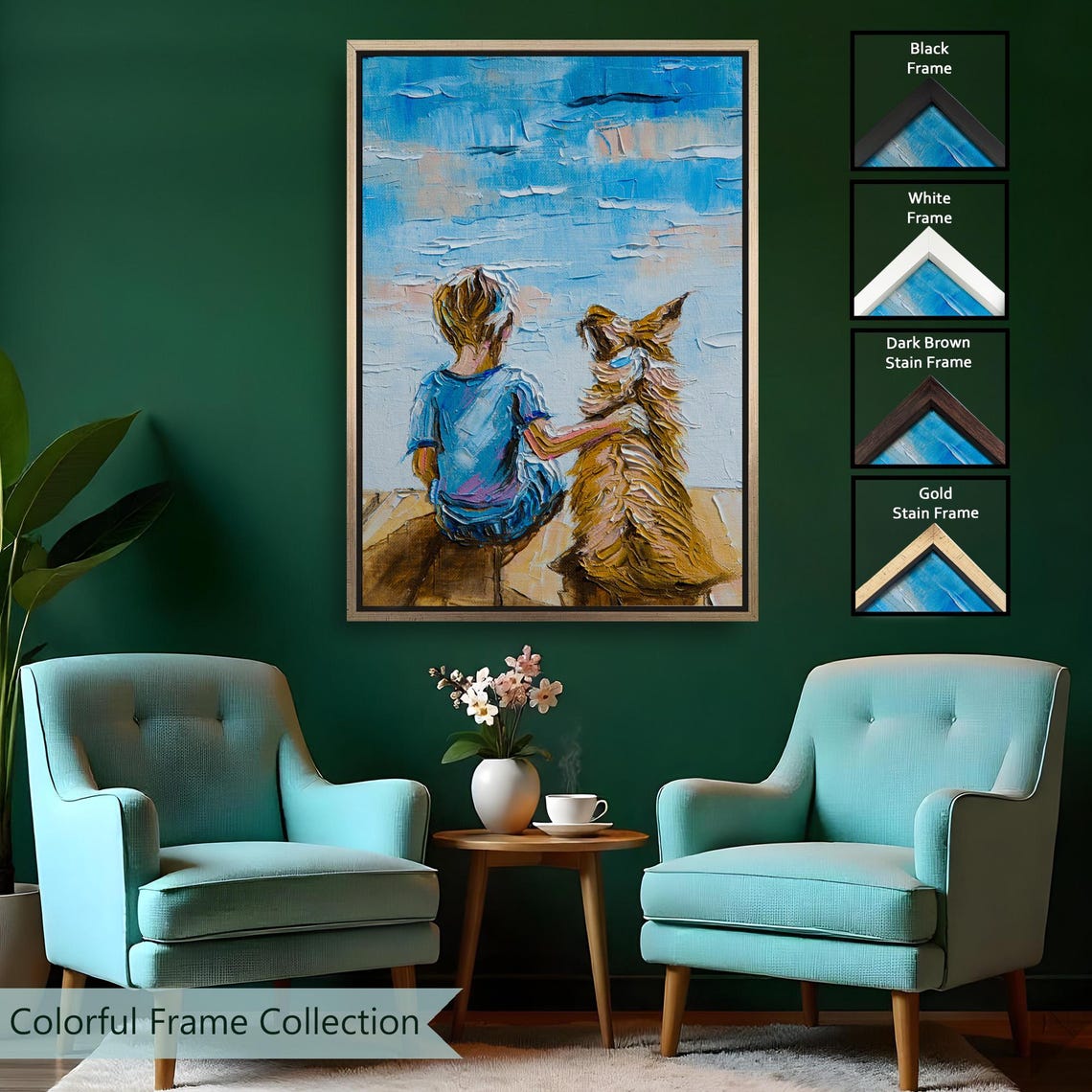 Boy And Dog Sitting By The Lake Oil Painting Friendship Wall Art - Image 2