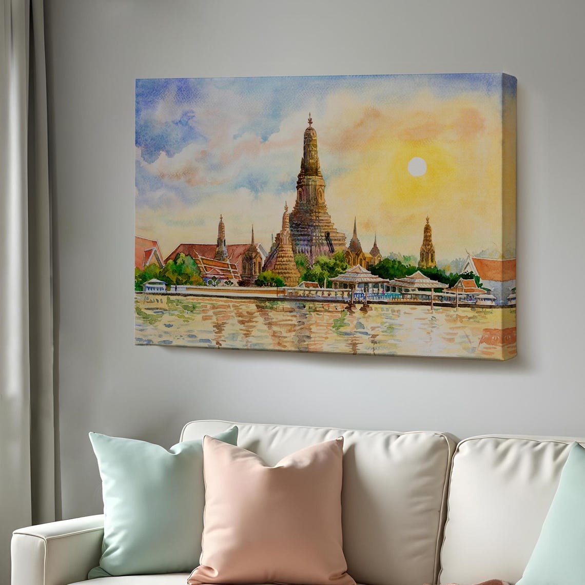 Bangkok Wat Arun Temple Riverside Sunset Watercolor Thailand Poster