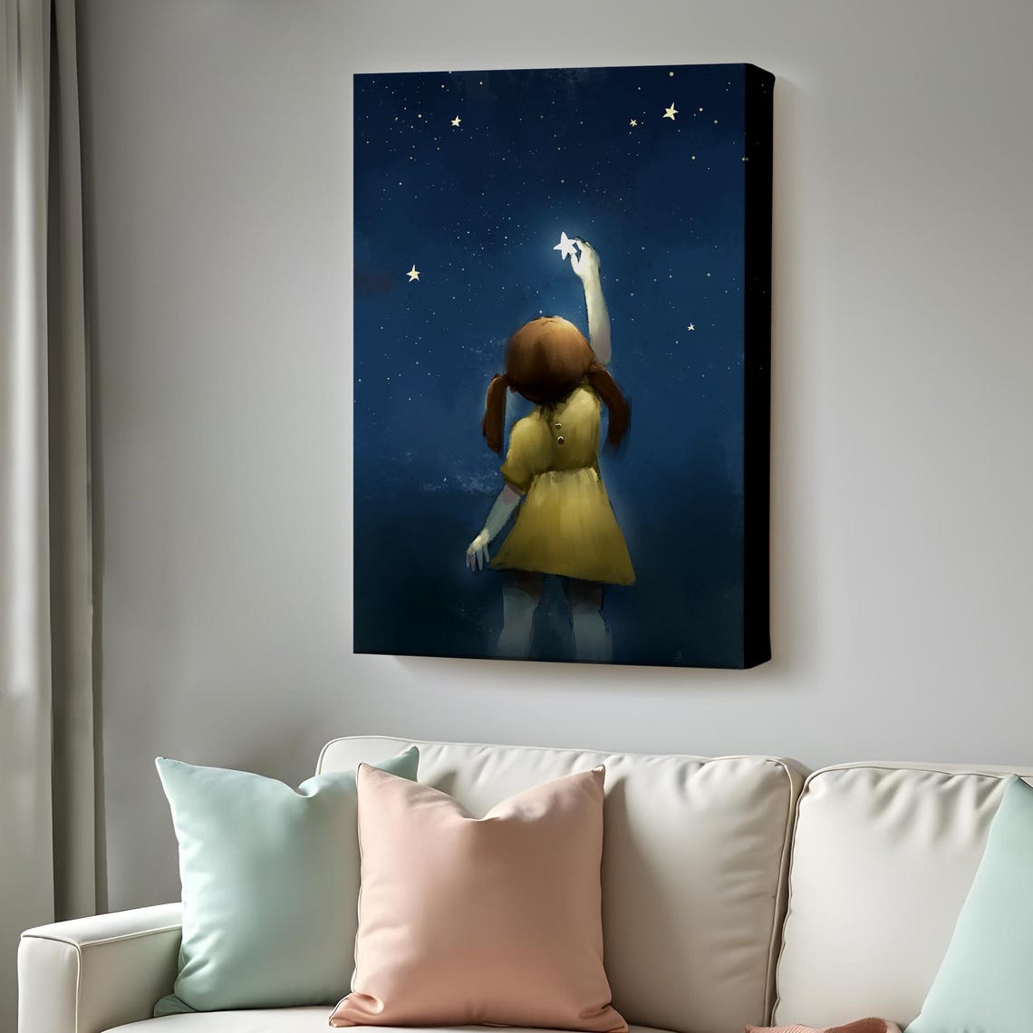 Little Girl Reaching For A Star In The Night Sky Painting Wall Art