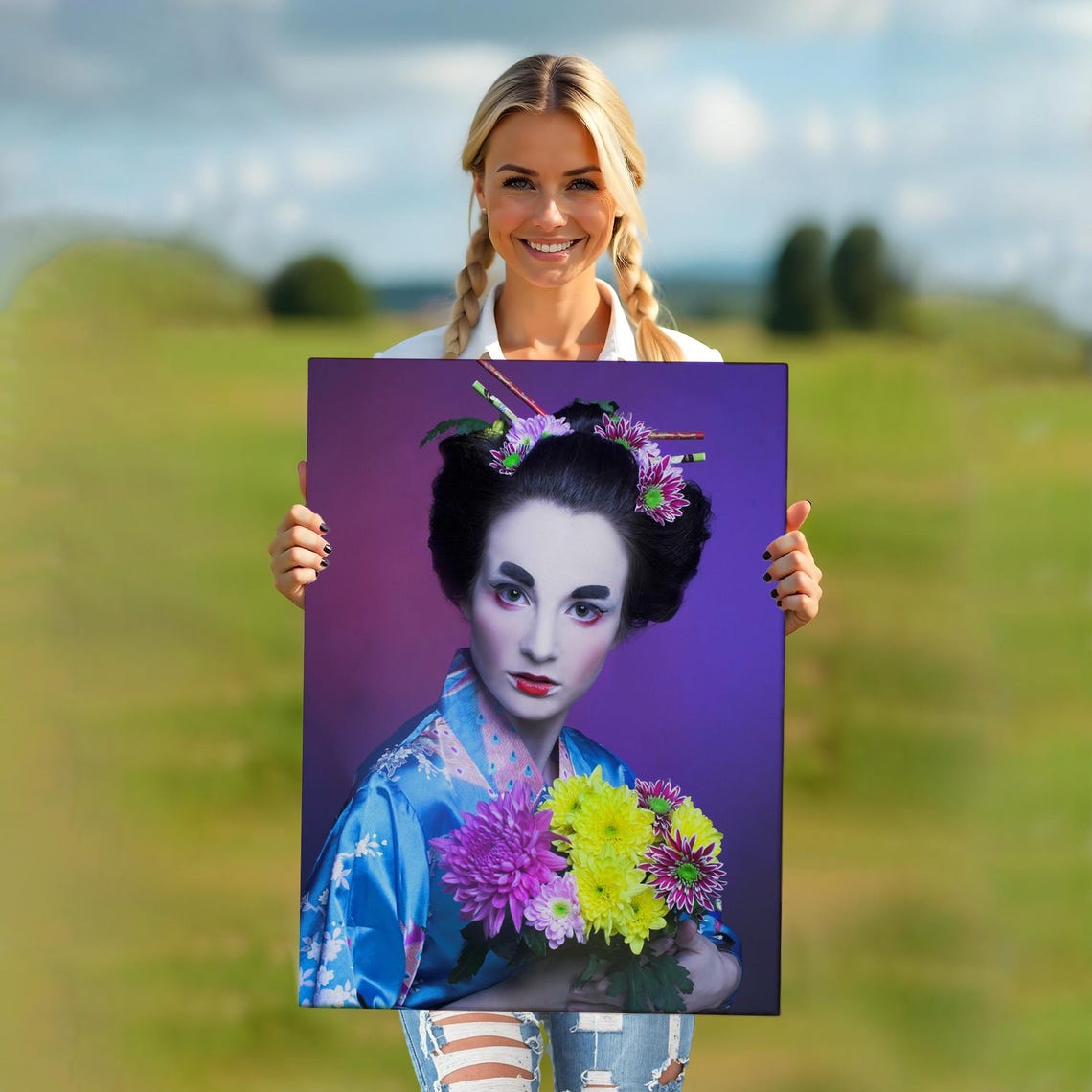 Geisha Portrait Blue Kimono Flower Bouquet Purple Art Poster - Image 5