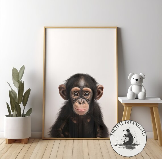 Baby Chimpanzee Wall Art Cute Illustration Infant Nursery Decor Ink Drawing