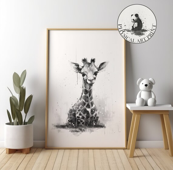 Sweet Baby Giraffe In Rain Monochrome Ink Nursery Wall Poster