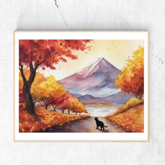Black Cat on Autumn Path with Mount Fuji Cozy Fall Scene Poster
