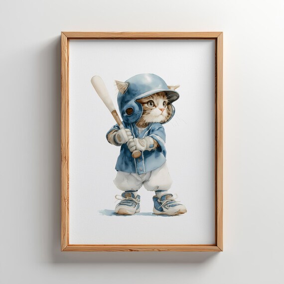 Kitten Baseball Player in Blue Uniform Watercolor Kids Room Poster