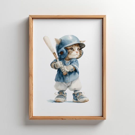 Kitten Baseball Player Wall Art For Boys Room 5 Sizes Included