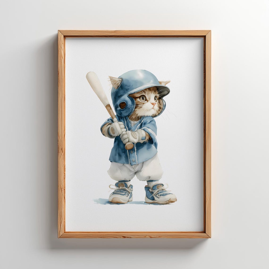 Kitten Baseball Player in Blue Uniform Watercolor Kids Room Poster