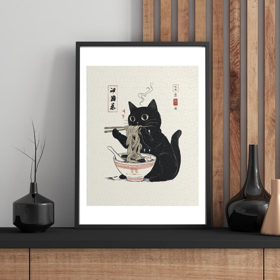 Black Cat Eating Ramen Noodles Japanese Cute Foodie Cat Art Poster