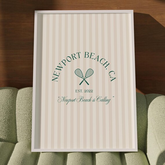 Newport Beach CA Retro Tennis Cream Stripe Collegiate Style Poster