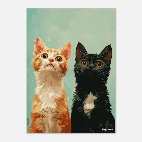 Curious Ginger And Black Kitten Pair Portrait Illustration Poster