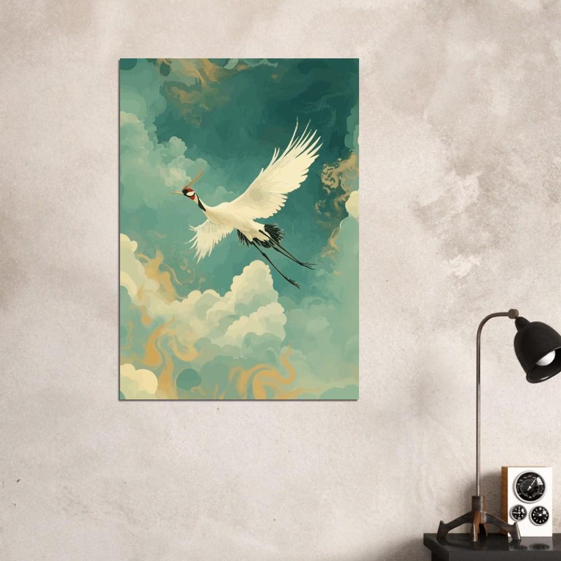 White Crane Soaring Gracefully Through Swirling Teal Clouds Poster