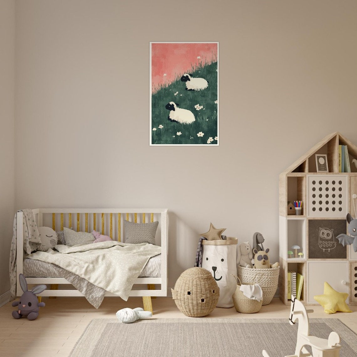 Two White Sheep Resting On A Green Flowering Meadow Art Poster - Image 2