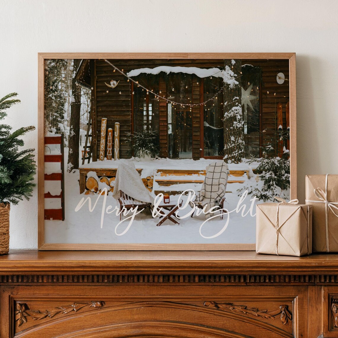Merry and Bright Snowy Cabin Porch Christmas Photography Print