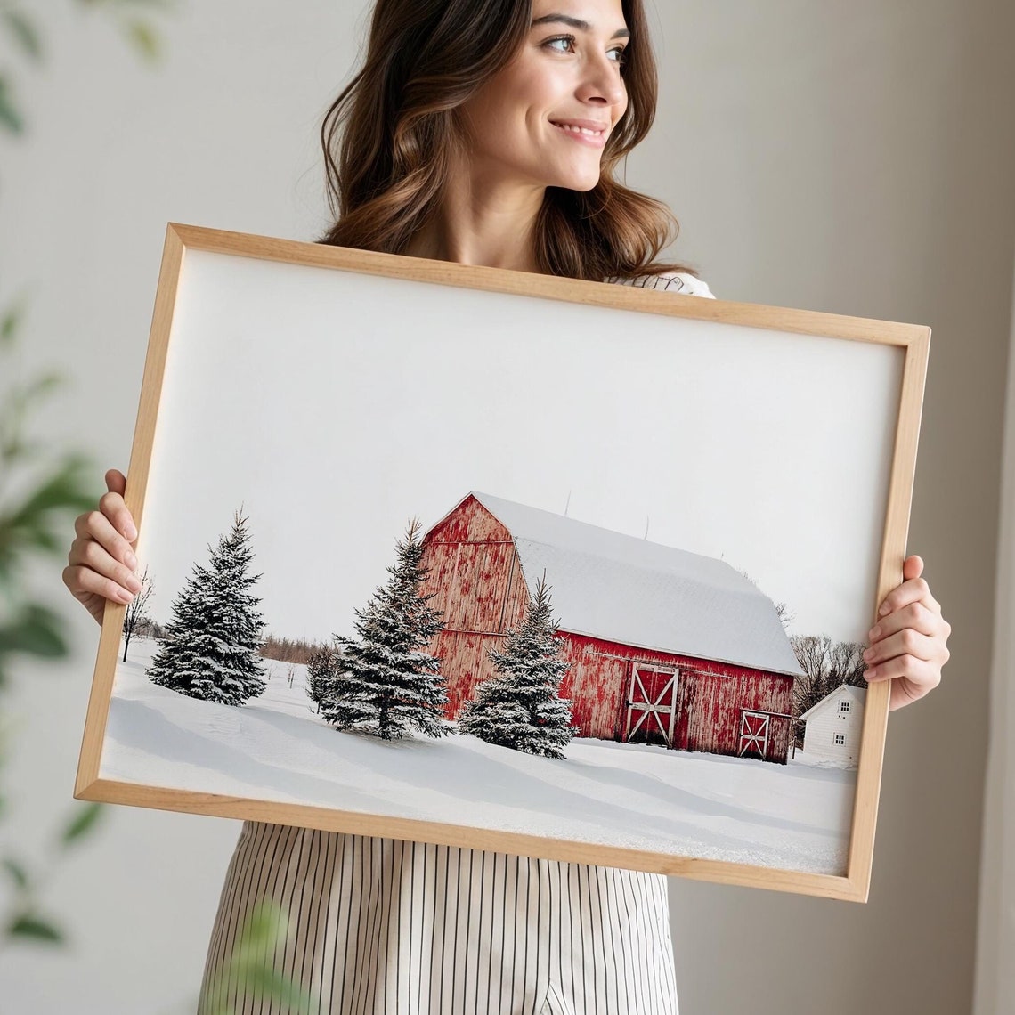 Red Barn Winter Snow Evergreen Trees Rustic Farm Landscape Print