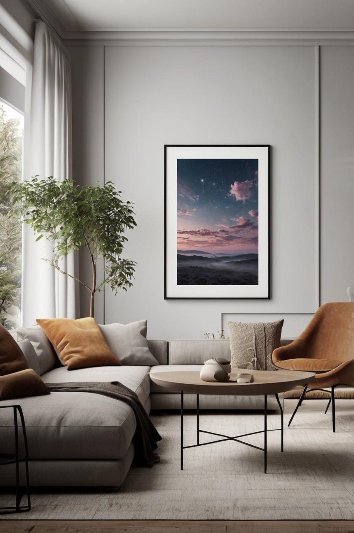 Pink Twilight Starry Sky Misty Mountains Night Landscape Poster - Image 2