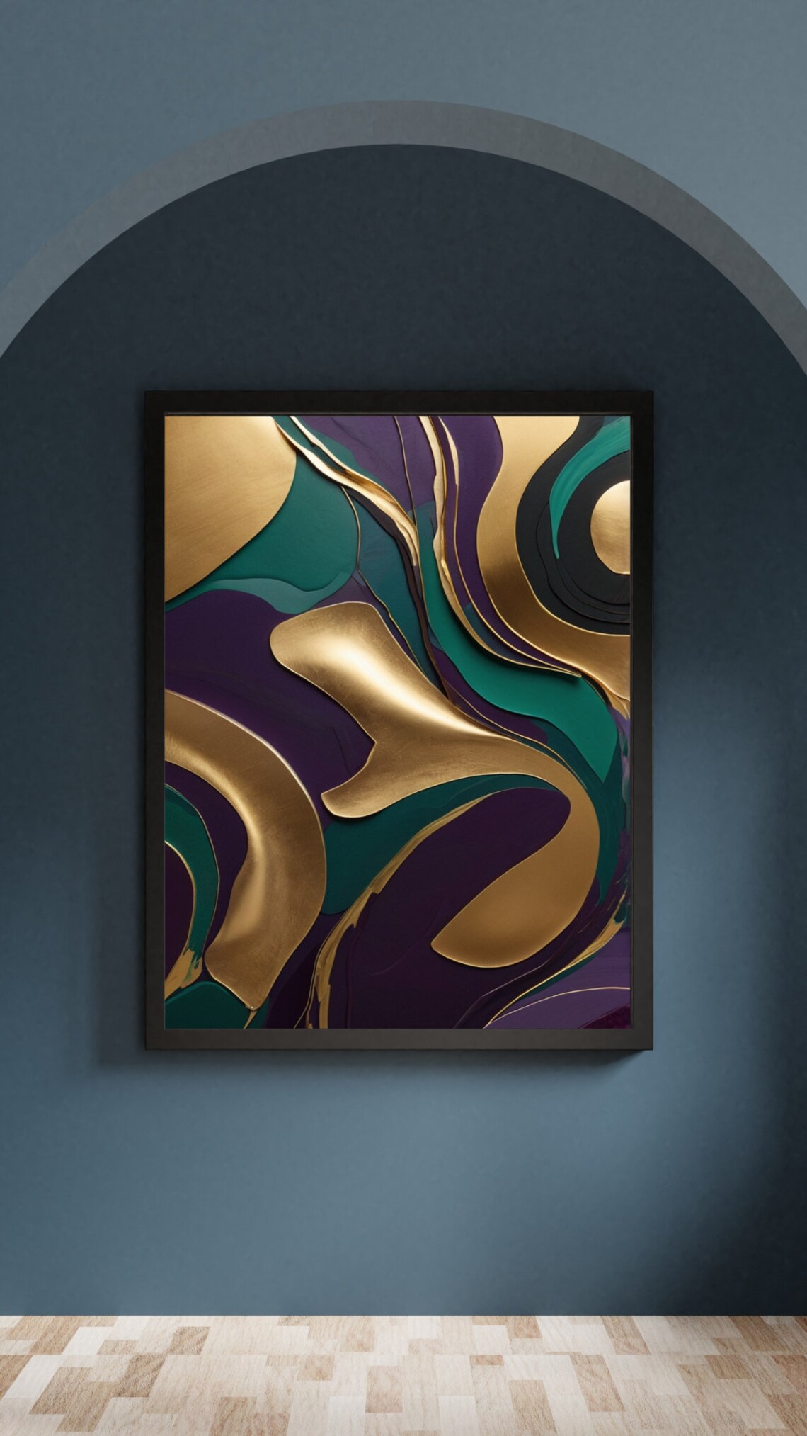 Gold Teal Purple Abstract Swirls Modern Metallic Fluid Art Poster