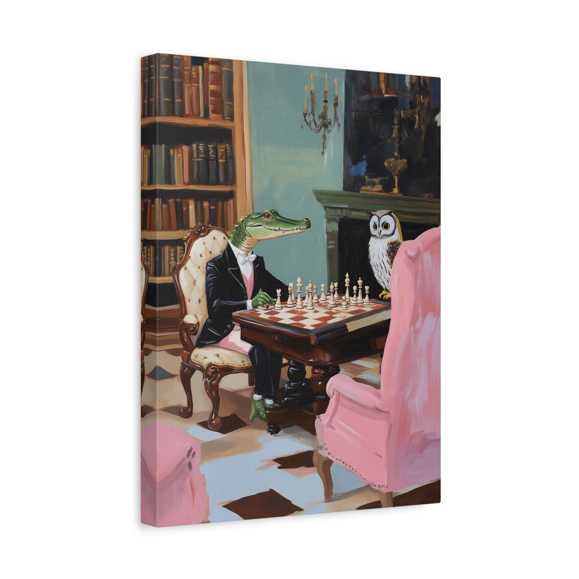 Dapper Crocodile in Tuxedo Playing a Chess Match with an Owl Poster - Image 3