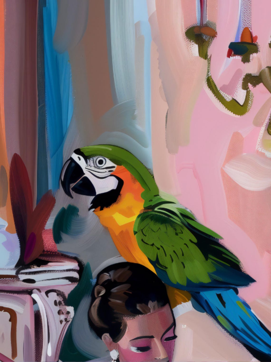 Lady in a Pink Gown With Her Dog and a Macaw Parrot Painting Poster - Image 2