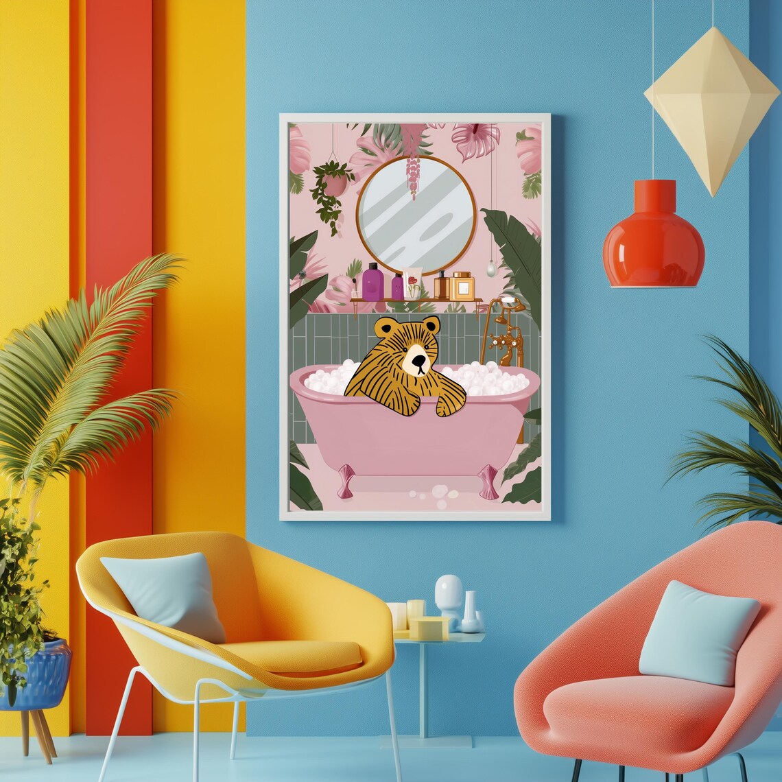 Tiger Cub In Pink Bathtub Whimsical Bathroom Animal Art Poster - Image 3