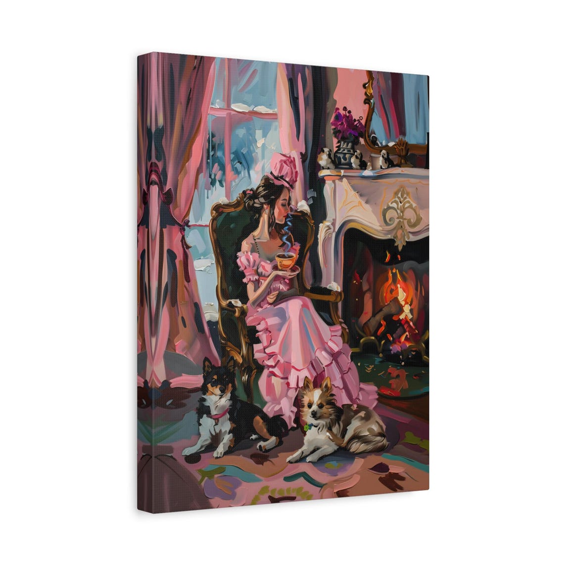 Lady Drinking Tea by a Crackling Fireplace With Two Dogs Poster - Image 3