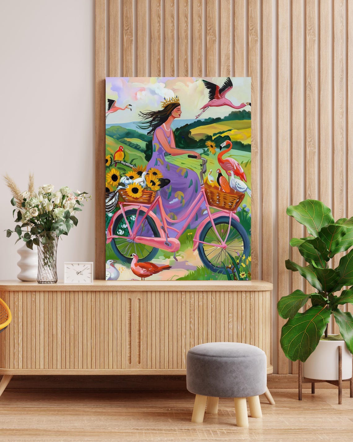 Crowned Woman Riding a Pink Bicycle Past Flamingos and Birds Poster - Image 3