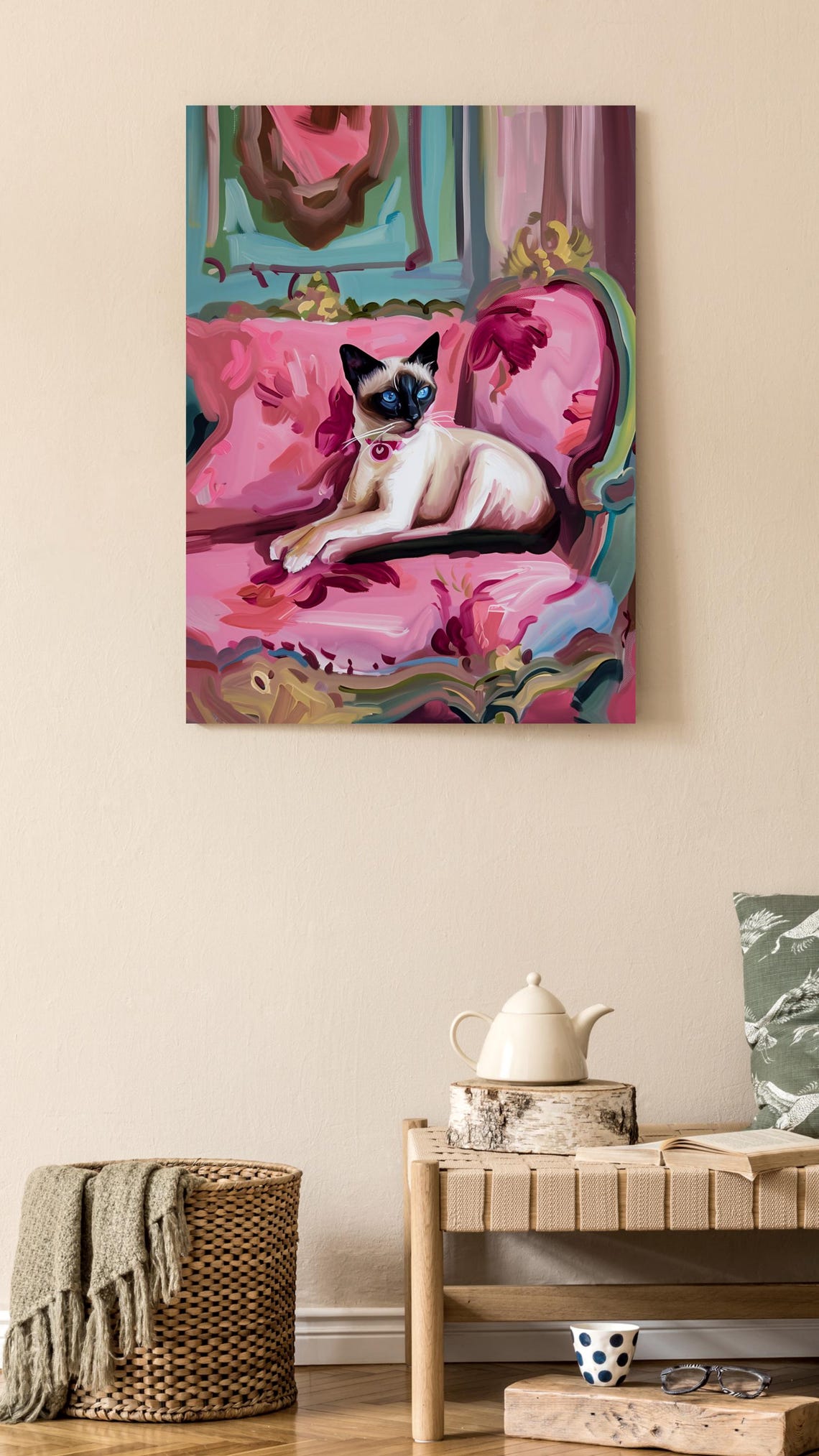 Blue Eyed Siamese Cat on a Pink Armchair Whimsical Portrait Poster - Image 2