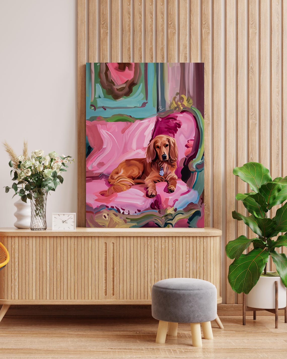 Golden Retriever Resting on a Pink Velvet Armchair Portrait Poster - Image 3