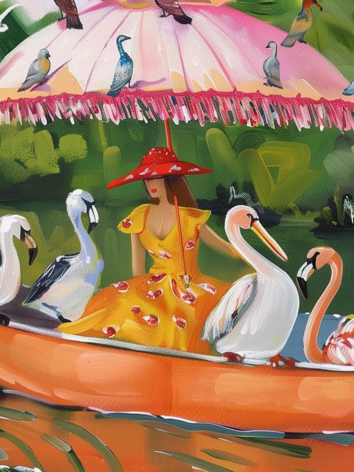Lady in Orange Canoe with Swans, Flamingos and Pink Parasol Poster - Image 3