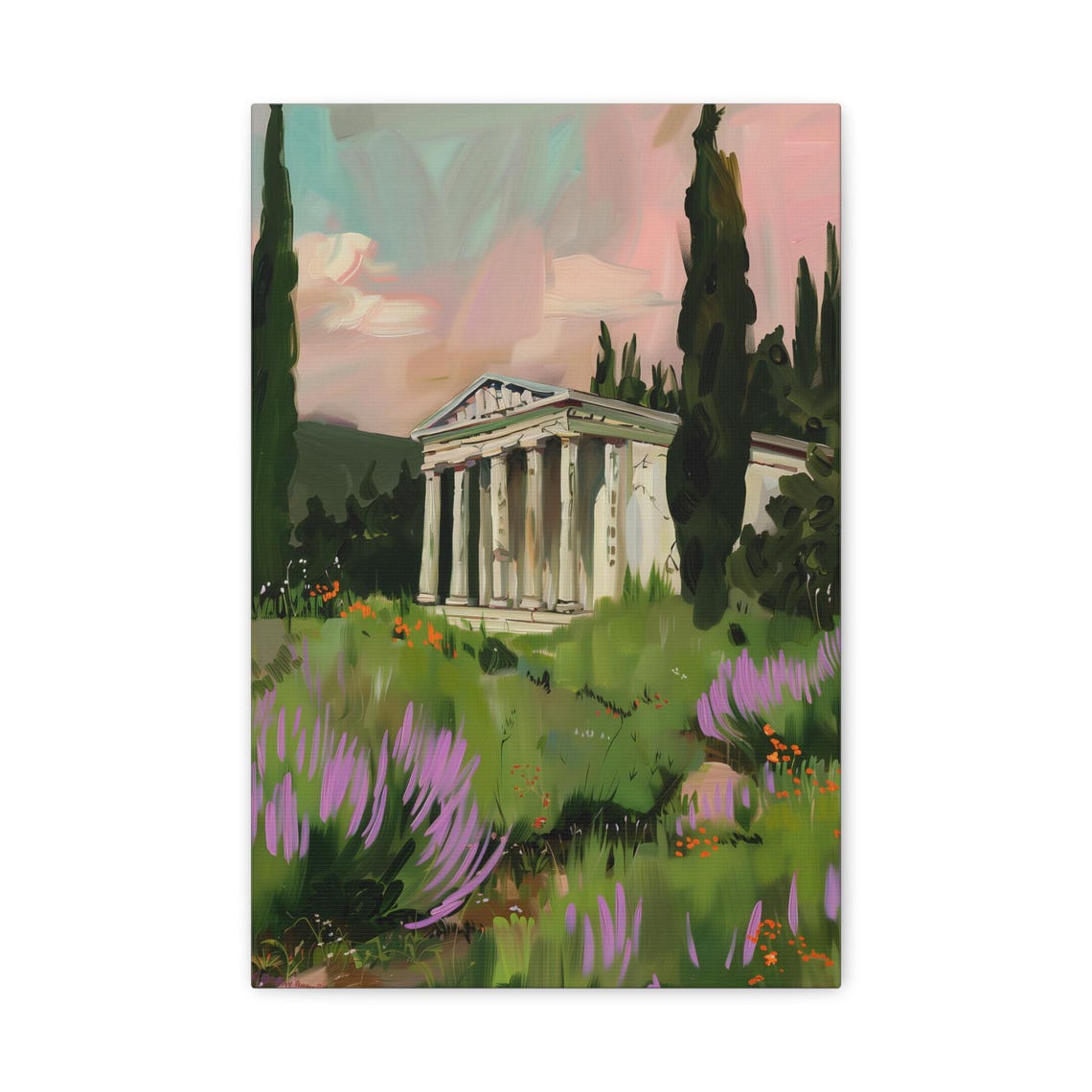 Greek Ruins at Sunset Among Cypress Trees and Wildflowers Poster - Image 2