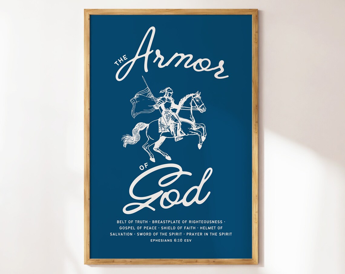 The Armor Of God Navy Blue Script Knight Horse Christian Bible Poster
