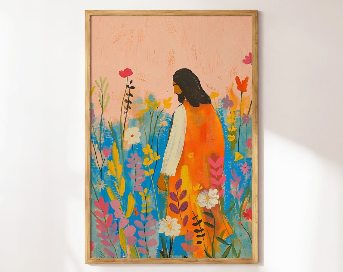 Jesus and Wildflowers Christian Watercolor Art Print