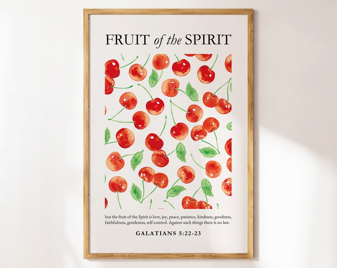 Fruit of the Spirit Galatians 5:22-23 Watercolor Cherries Pattern Verse Poster
