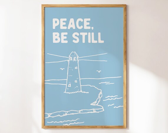 Peace Be Still Lighthouse Line Drawing Light Blue Christian Wall Art