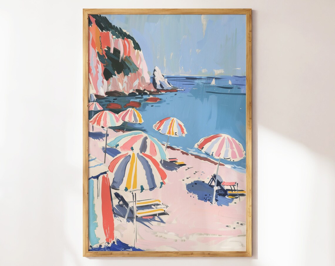 Colorful Beach Umbrellas Coastal Cove Impressionist Summer Artwork Wall Art